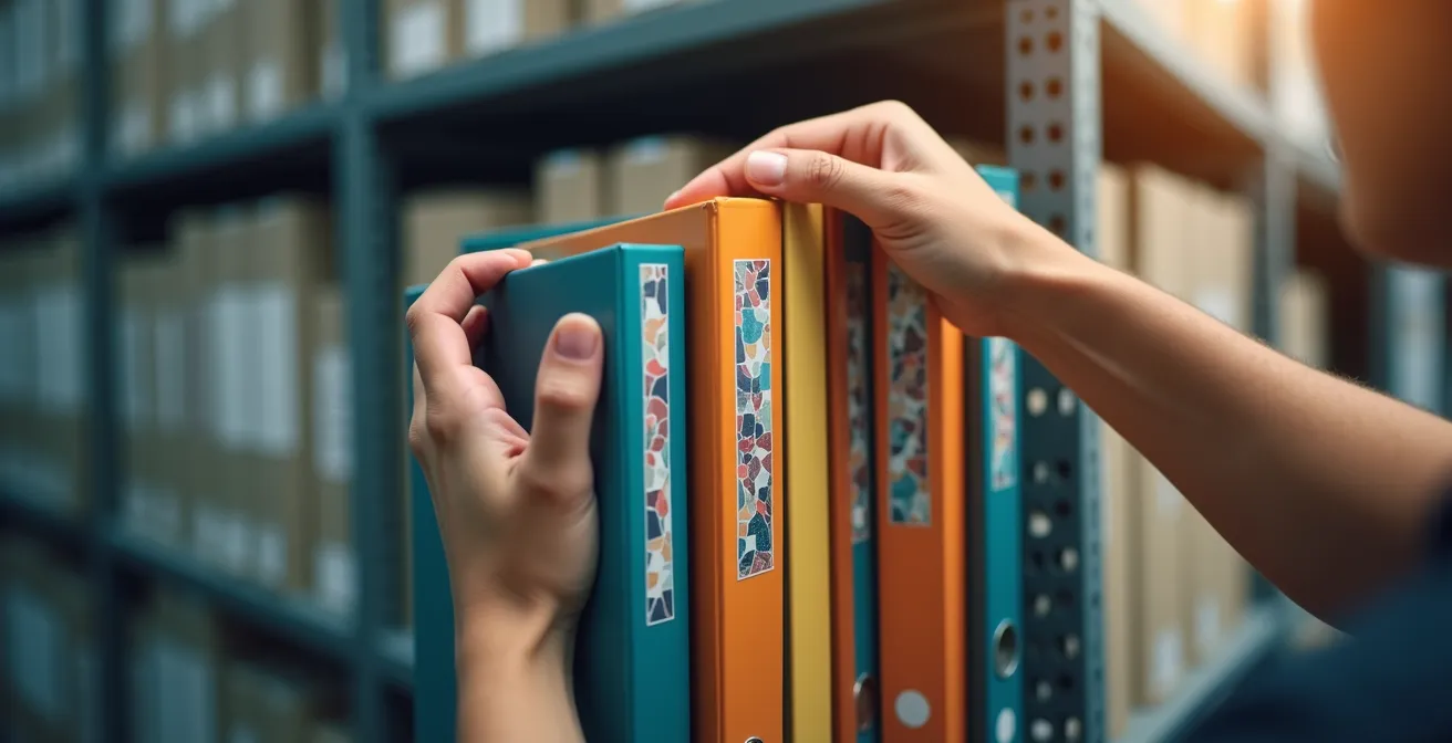 Mains organisant des classeurs d'archives colorés dans une armoire de bureau