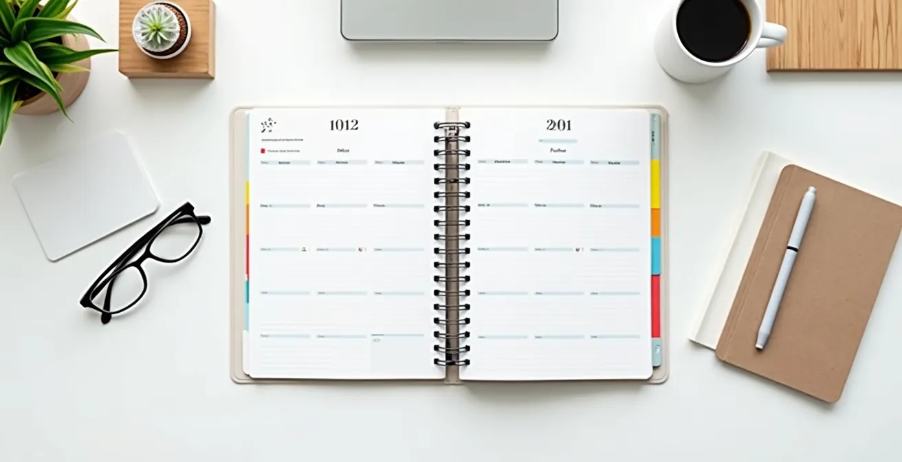 Calendrier ouvert avec marqueurs colorés sur un bureau organisé