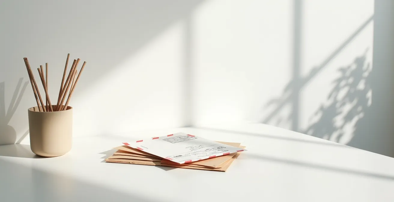 Vue large d'un bureau professionnel avec accusés de réception et enveloppes recommandées organisés