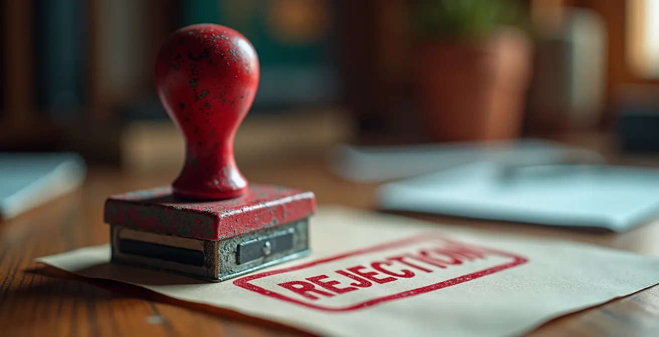 Gros plan sur un tampon de rejet posé sur un bureau avec formulaires flous en arrière-plan